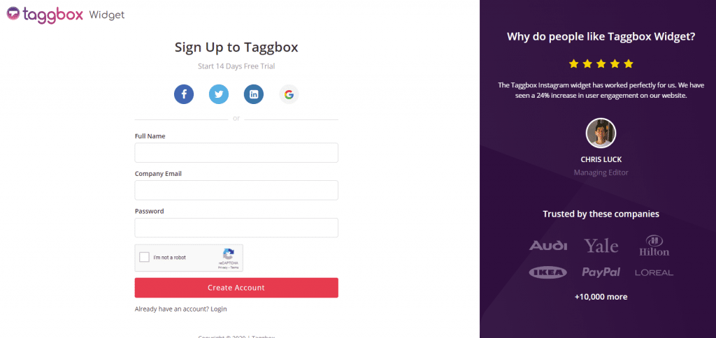 Signup &amp; Login to Taggbox Widget